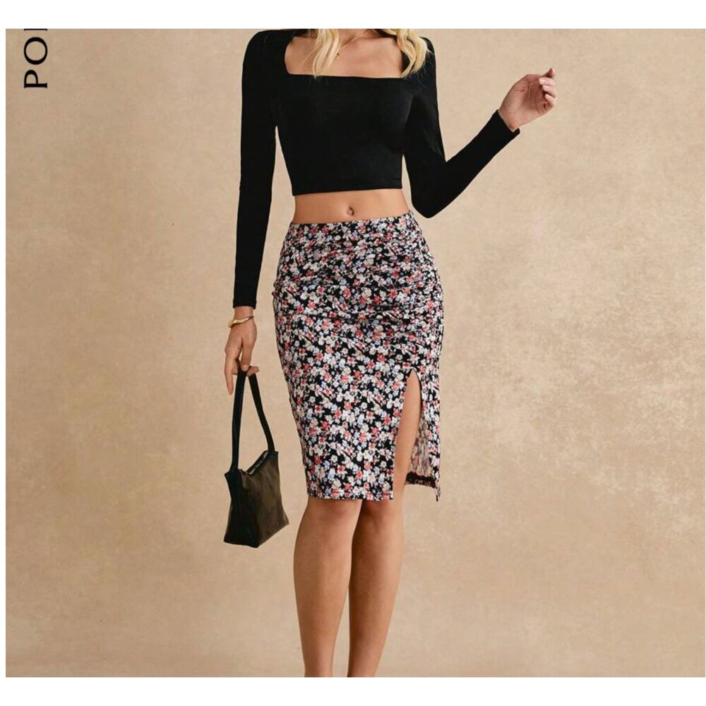 High Waist M-L Floral Ruched Split Thigh Skirt Vacation Skirt Bridgerton